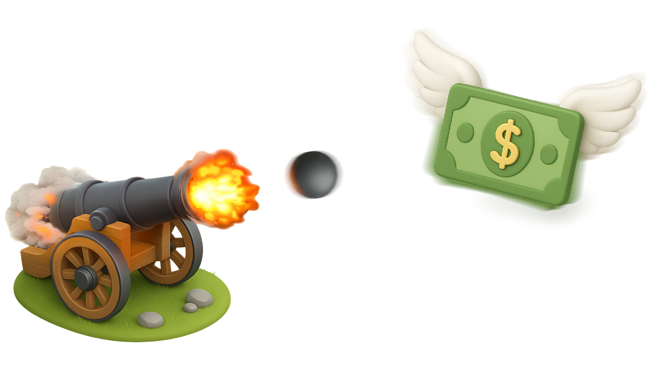 Canon tirant sur de l'argent ailé s'échappant - Attrapez votre épargne avant qu'elle ne s'envole avec YOUWILLSAVE.IT